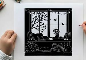 Cozy room interior with silhouette of tree and birds outside window