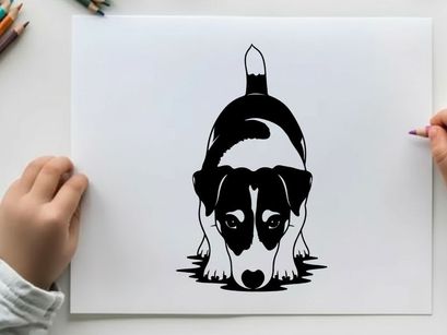 Silhouette of a sad black and white dog peeking forward