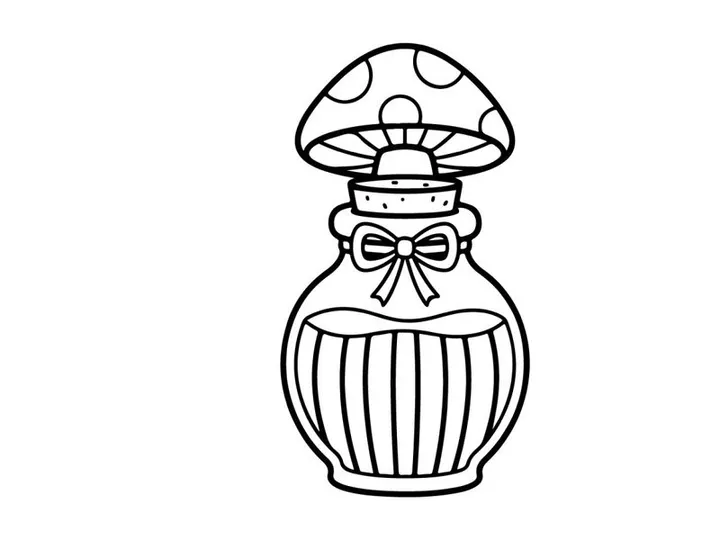 Hand-drawn vintage Halloween mushroom jar illustration. Whimsical cartoon toadstool container with ribbon for spooky decor.