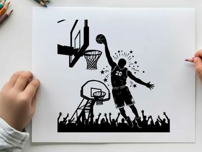 Silhouette of a basketball player dunking ball with crowd