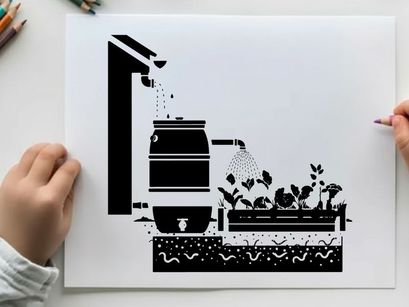 Rain barrel silhouette watering garden plants