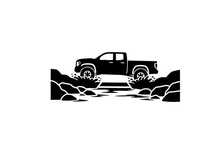 Silhouette of a pickup truck crossing a stream on a rugged terrain silhouette