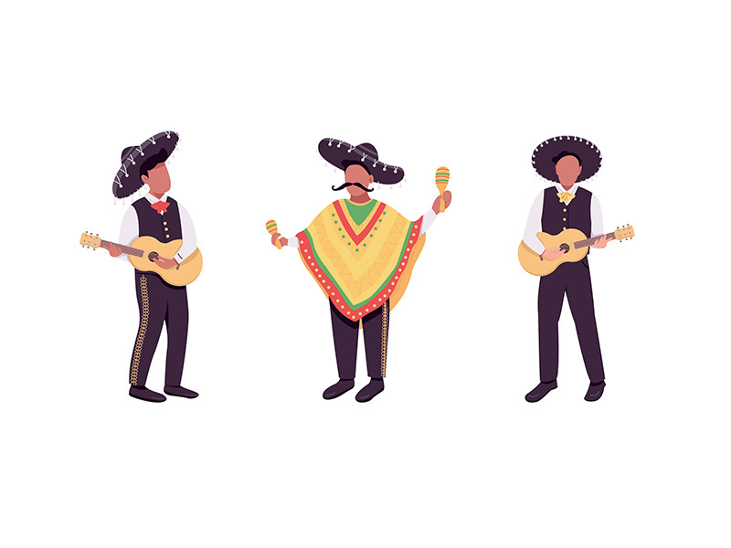 Mexican musicians flat color vector faceless character set