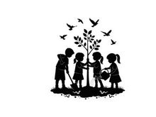 Children planting a tree in silhouette with birds flying overhead