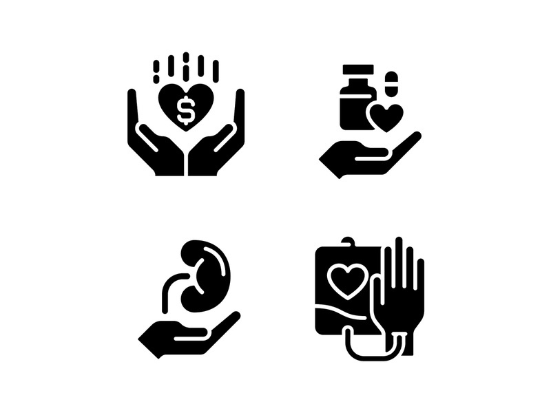 Donation to healthcare organizations black glyph icons set