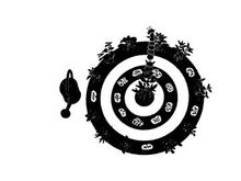 Silhouette of a dartboard with darts and floral pattern