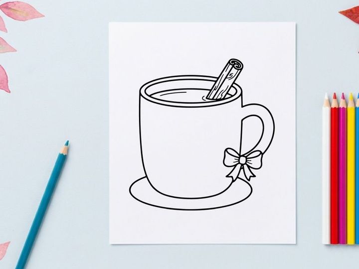 Hand drawn illustration of a mug with cinnamon stick and bow