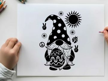 Black and white silhouette of a peaceful gnome with sun preview picture