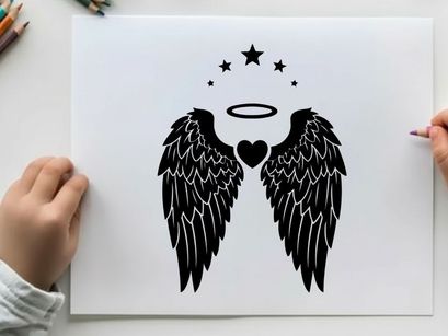 Black silhouette of angelic wings with heart halo stars