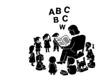 Silhouette of teacher reading to children in classroom setting silhouette