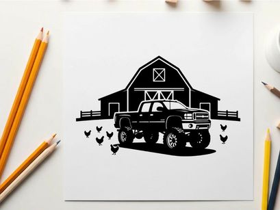 Silhouette of a pickup truck in front of a barn with chickens