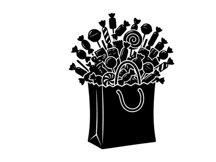 Black and white silhouette of a shopping bag filled with candies and sweets