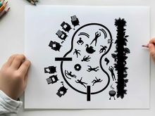 Silhouette of a face with various human and object silhouettes
