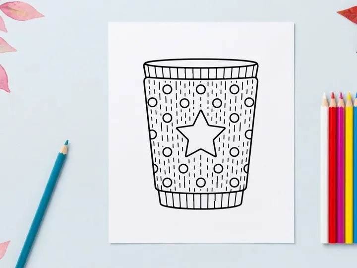 Christmas coffee cup outline drawing with star pattern for holiday coloring page design