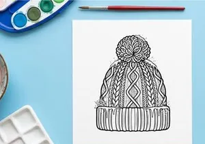 Topi rajutan musim dingin dengan pompom dan kepingan salju, ilustrasi seni garis hitam putih.