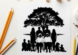 Family silhouette standing under a tree together outdoors
