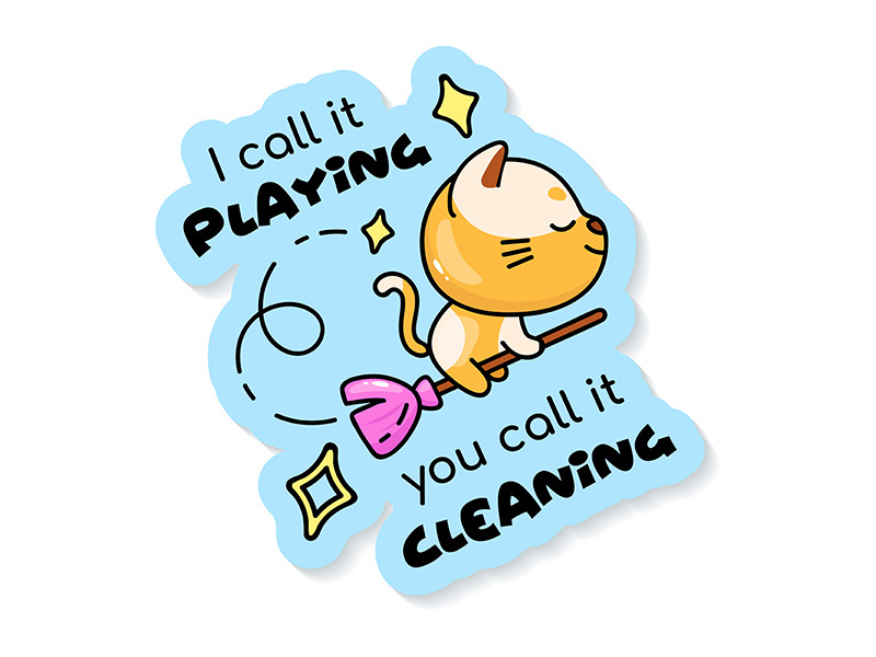 Cute kitten flying on magic broom cartoon character vector sticker design