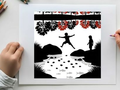 Silhouette of a child jumping over a stream with another child watching