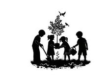 Children planting a tree in silhouette with birds flying overhead