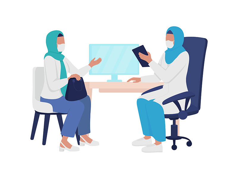 Physician-patient interaction semi flat color vector characters