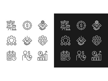 Business activities pixel perfect linear icons set for dark, light mode preview picture
