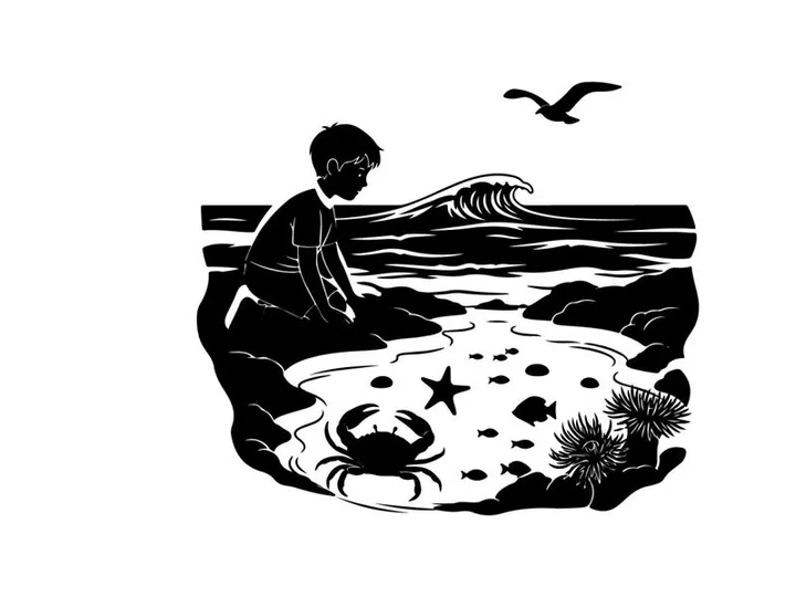 Boy exploring tide pool on rocky seashore by ocean waves