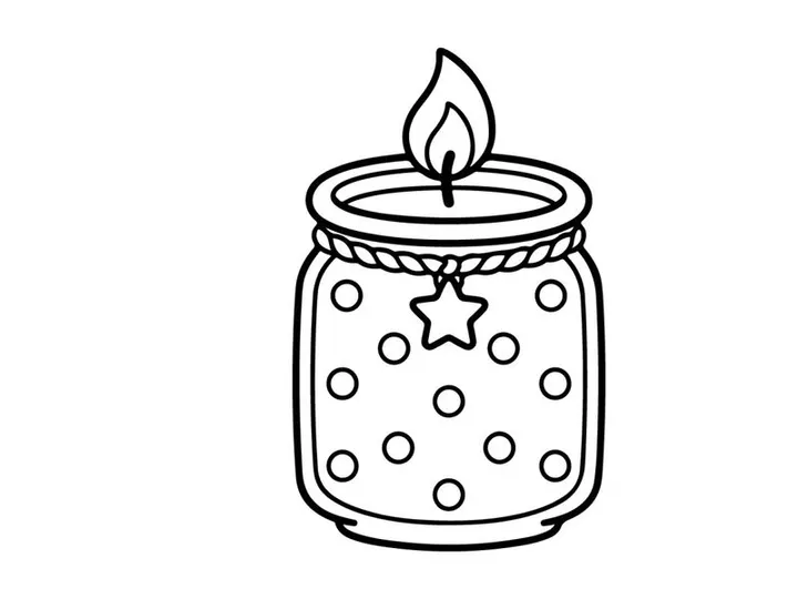 Candle in a glass jar coloring page. Cute dotted lantern illustration for kids.