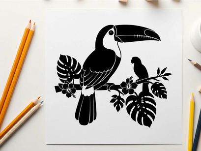 Silhouette of colorful toucan and tropical leaves on white