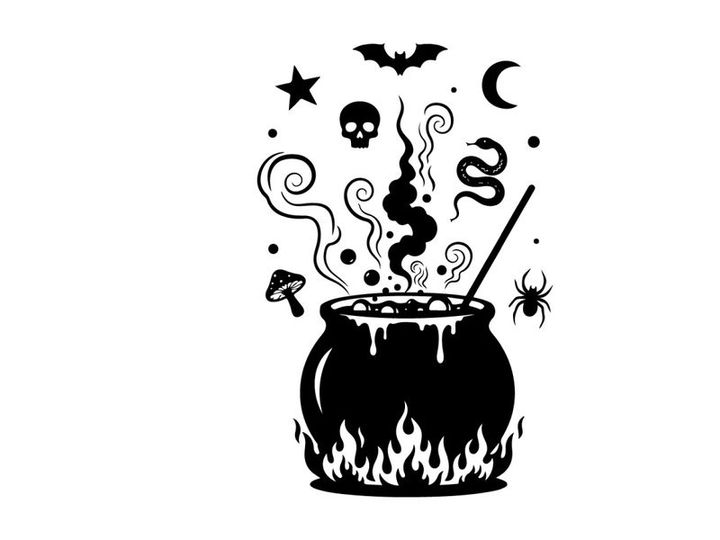 Black silhouette cauldron with witchcraft symbols and spooky elements
