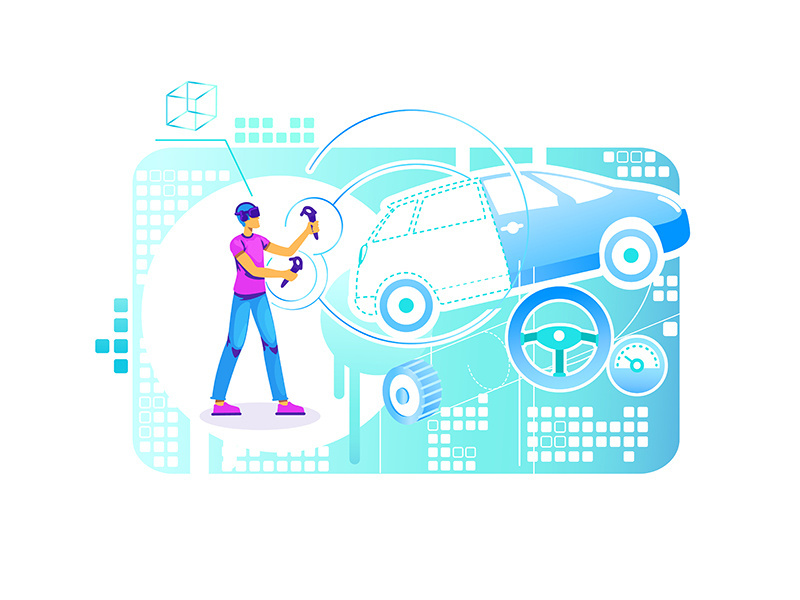 Car building engineer 2D vector web banner, poster