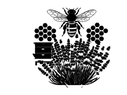 Bee silhouette flying over lavender with honeycomb silhouette