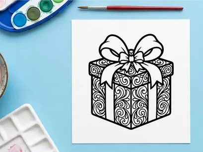 Christmas gift box line art illustration with decorative floral swirl patterns and bow