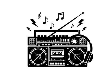 Black silhouette of a boombox with music notes and headphones preview picture