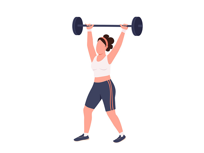 Sportswoman lifting barbell flat color vector faceless character