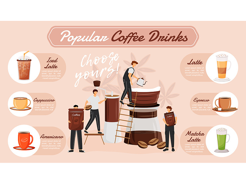 Popular coffee drinks flat color vector conceptual infographic template