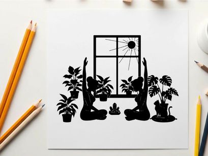 Silhouette of yoga figures and plants by a window