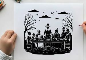 Thanksgiving dinner silhouette with family and pilgrims gathered