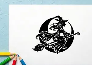 Elegant witch riding broomstick with moon silhouette in black and white