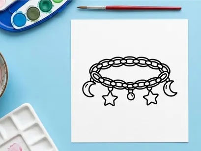 Celestial charm bracelet icon. Witchy jewelry line art with moon and star pendants.