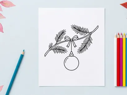 Christmas bauble hanging on a pine branch with a bow, hand drawn line art illustration.