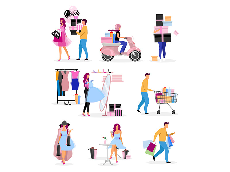 Shopping pastime flat vector characters set