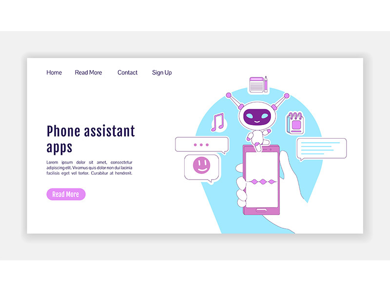 Phone assistant apps landing page flat silhouette vector template