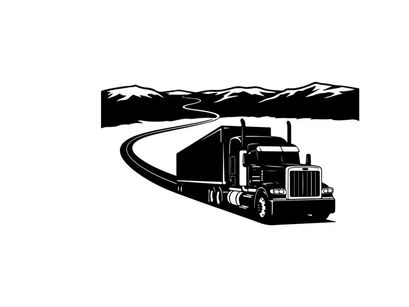 Black silhouette of a semi truck driving on a winding road through mountains