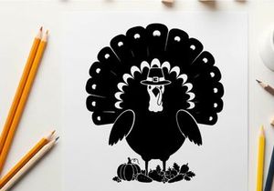 Black silhouette of a pilgrim turkey with hat and feathers