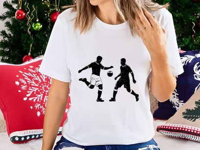 Two soccer players in action kicking and chasing the ball competitively