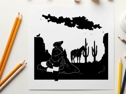 Cowboy silhouette sitting by campfire in desert landscape