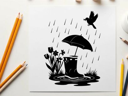 Silhouette of bird umbrella and rainy day scene