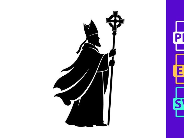 Bishop clergy religious leader holding cross staff silhouette black white