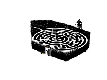 Silhouette of a person standing on a maze with a watchtower silhouette preview picture