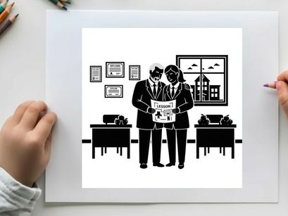 Business colleagues in office looking at newspaper silhouette